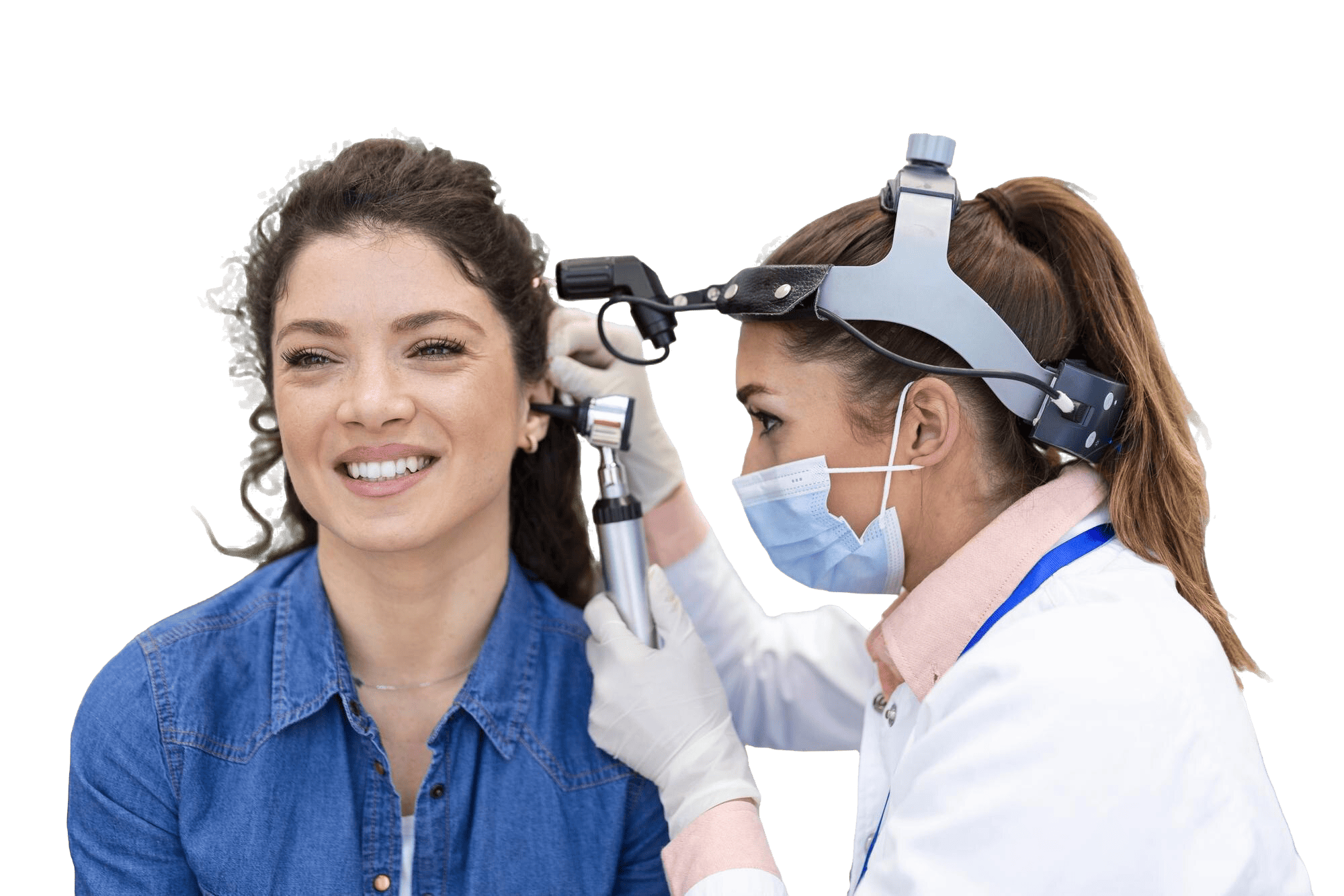 hearing exam otolaryngologist doctor checking woman s ear using otoscope auriscope medical clinic